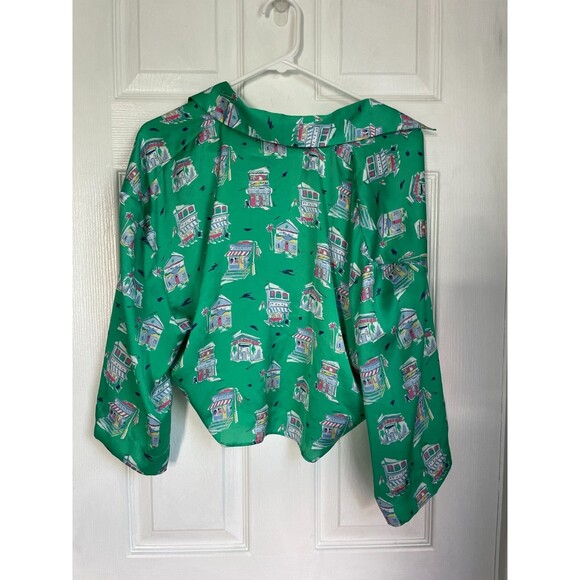 Zara Women's Knotted Collard Open V~Neck Green Satin Shops Print Crop Blouse M - Picture 6 of 8
